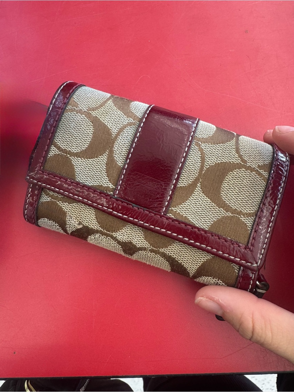 Coach Brown Signature Canvas Wallet with Burgundy Trim